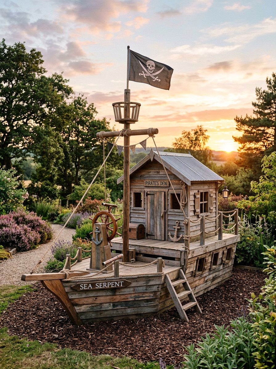 Pallet playhouse with pirate ship theme - 25 Pallet Playhouse for Kids Ideas