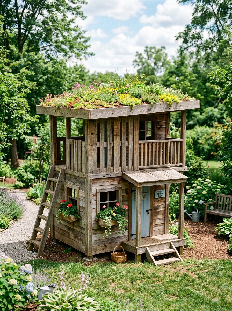 Pallet playhouse with rooftop garden - 25 Pallet Playhouse for Kids Ideas