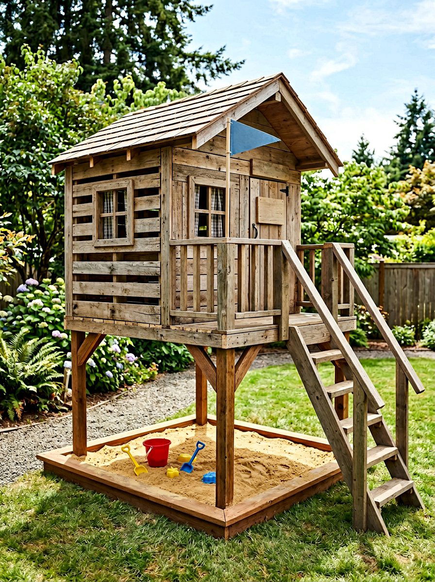 Pallet playhouse with sandbox underneath - 25 Pallet Playhouse for Kids Ideas
