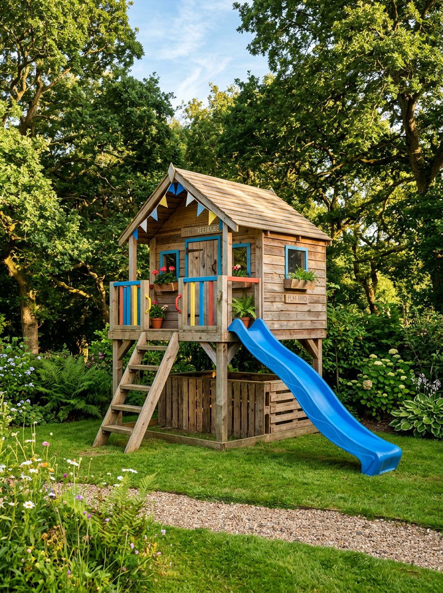 Pallet playhouse with slide - 25 Pallet Playhouse for Kids Ideas