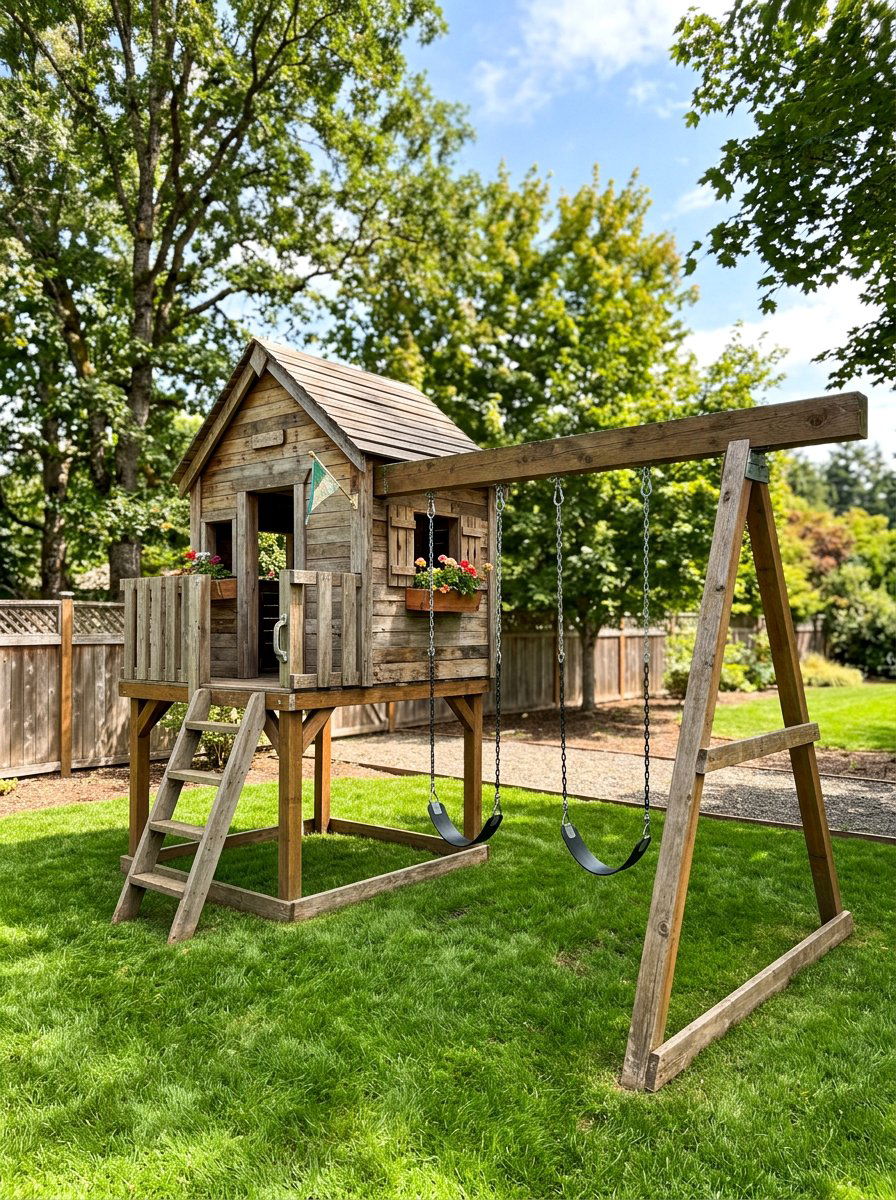 Pallet playhouse with swing set - 25 Pallet Playhouse for Kids Ideas