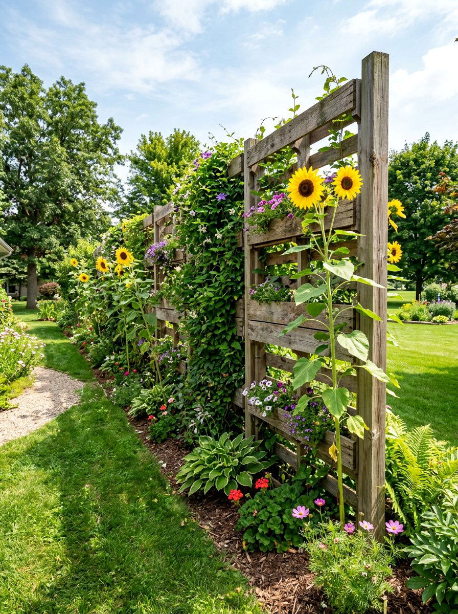 Pallet privacy screen with flowers - 25 Pallet Vertical Flower Garden Ideas