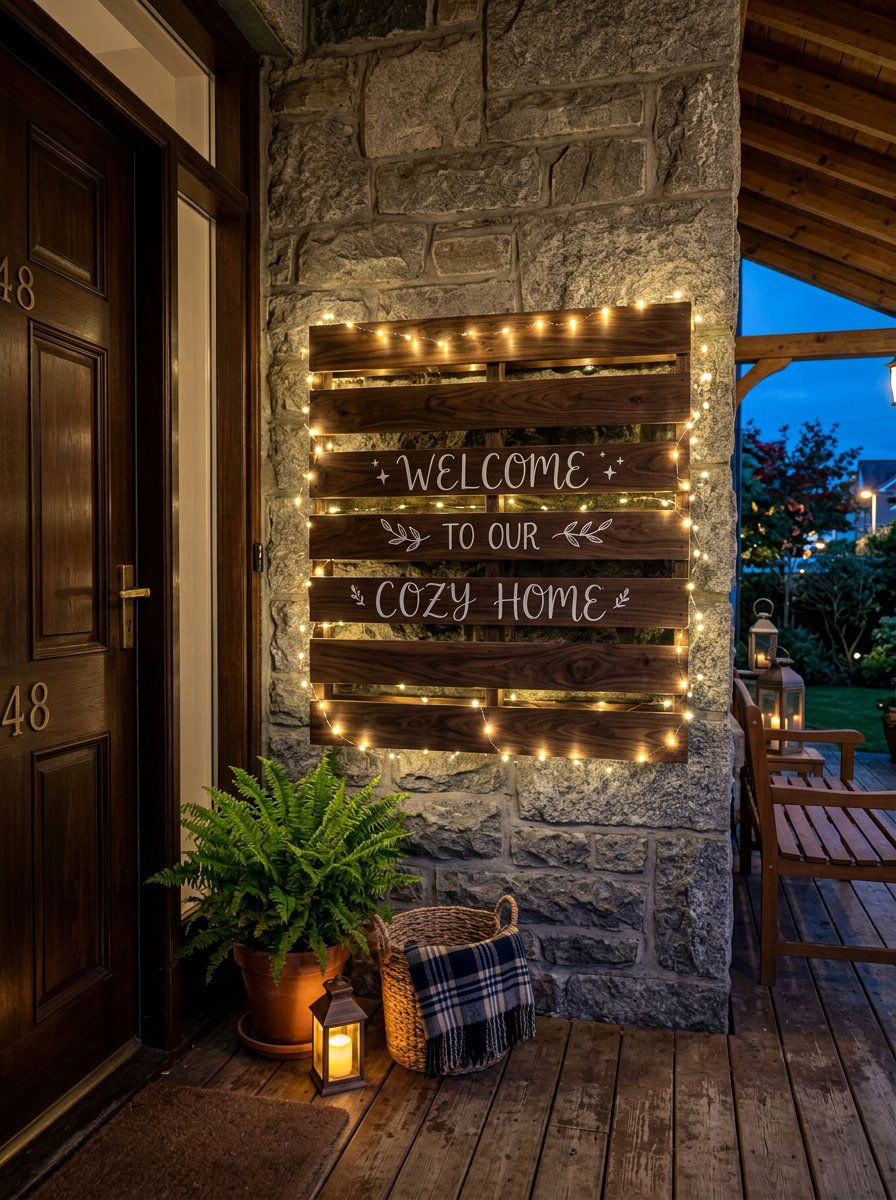 Pallet sign with fairy lights - 25 Pallet Welcome Sign for Porch Ideas