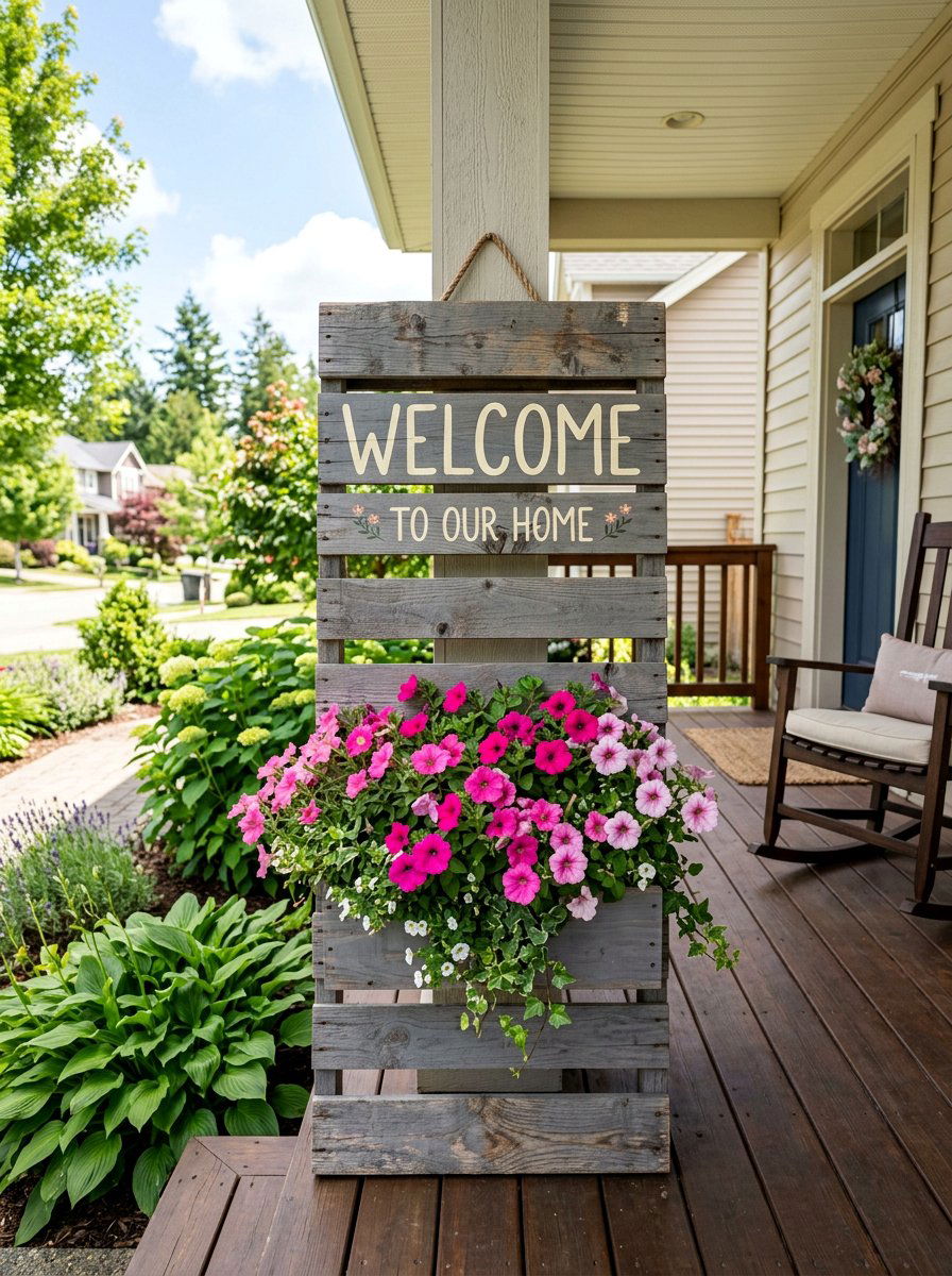 Pallet sign with planter box - 25 Pallet Welcome Sign for Porch Ideas