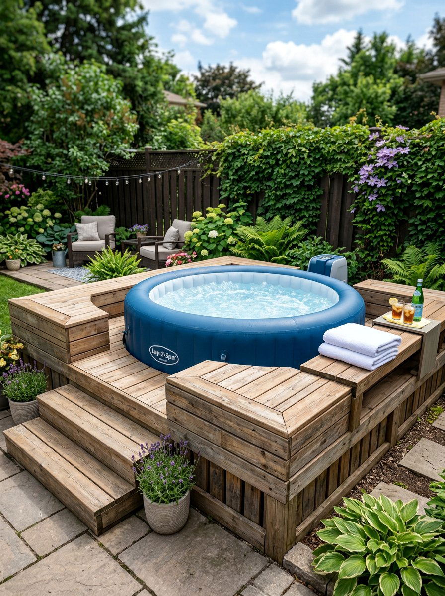 Pallet stage for hot tub - 25 Pallet Stage for Backyard Ideas