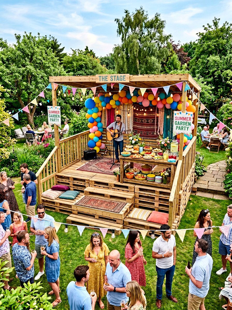 Pallet stage for party - 25 Pallet Stage for Backyard Ideas