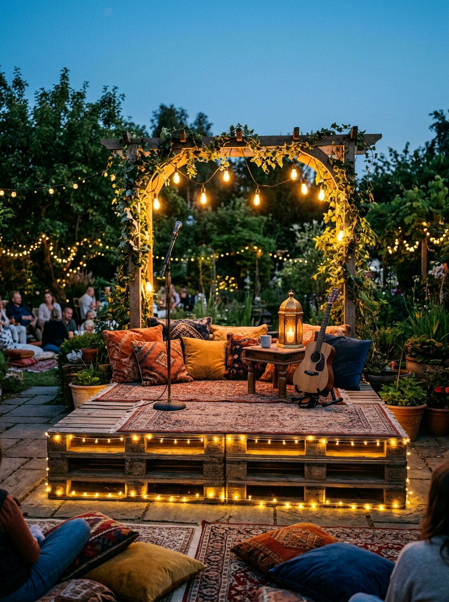 Pallet stage with lights - 25 Pallet Stage for Backyard Ideas