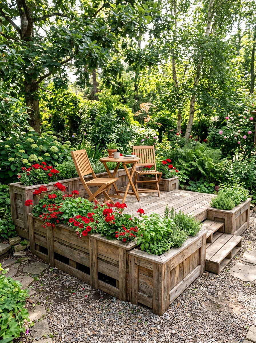 Pallet stage with planters - 25 Pallet Stage for Backyard Ideas