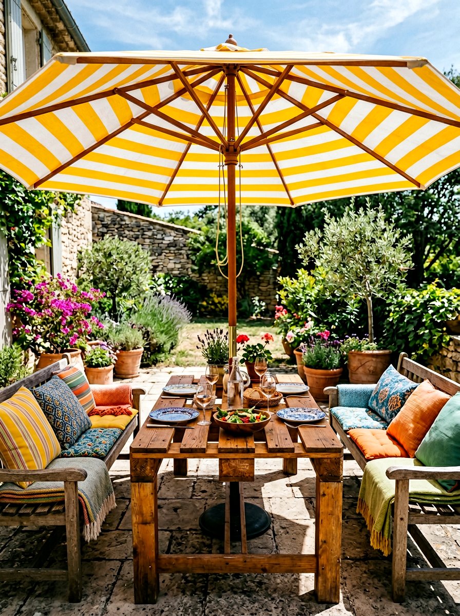 Pallet table with umbrella hole - 25 Pallet Picnic Table Ideas