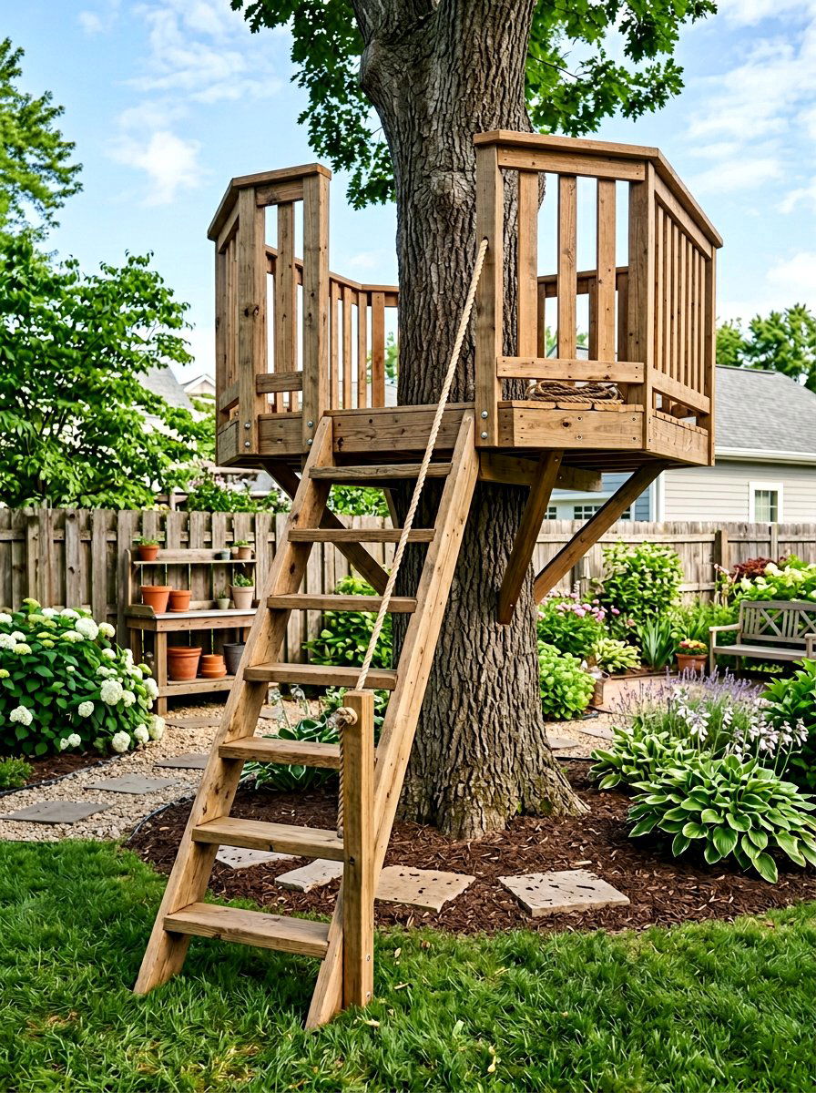 Pallet tree base with ladder - 25 Pallet Tree House Platform Ideas