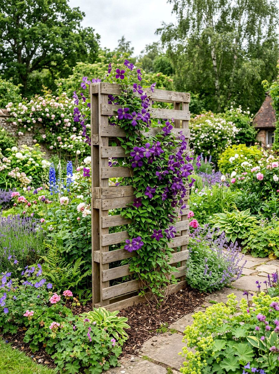 Pallet trellis for climbing flowers - 25 Pallet Vertical Flower Garden Ideas