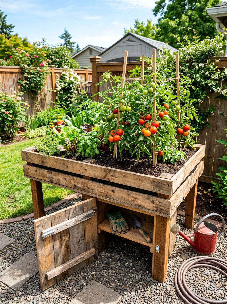 Pallet vegetable garden with storage - 25 Pallet Raised Garden Bed Ideas