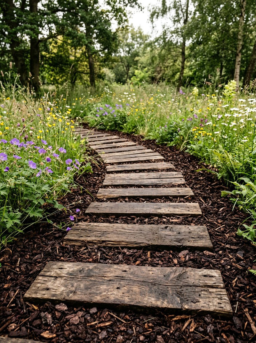 Pallet wood on mulch - 25 Pallet Garden Pathway Ideas
