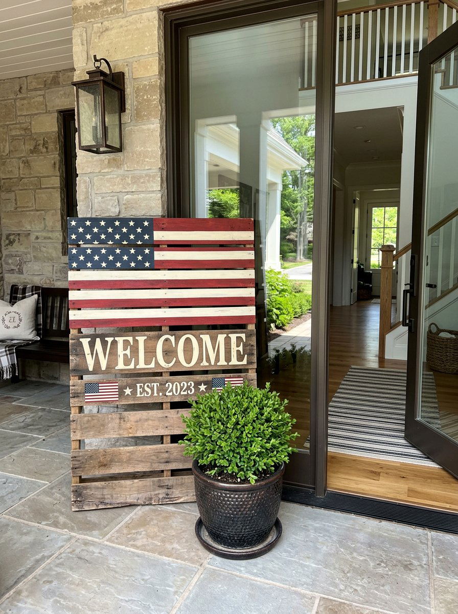 Patriotic Pallet Welcome Sign - 25 Pallet Flag Holder Ideas