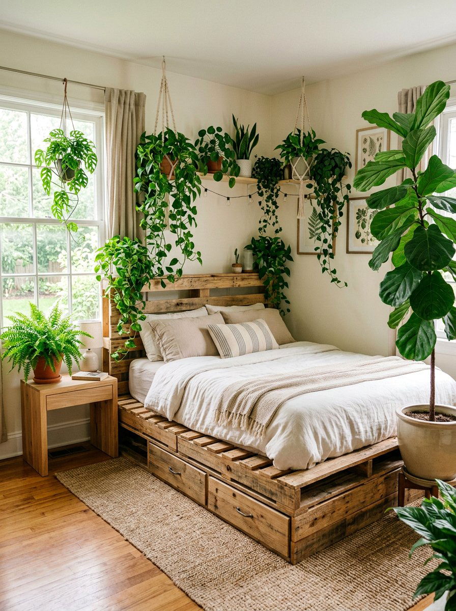 Plant Filled Bedroom - 25 Pallet bed ideas with drawers