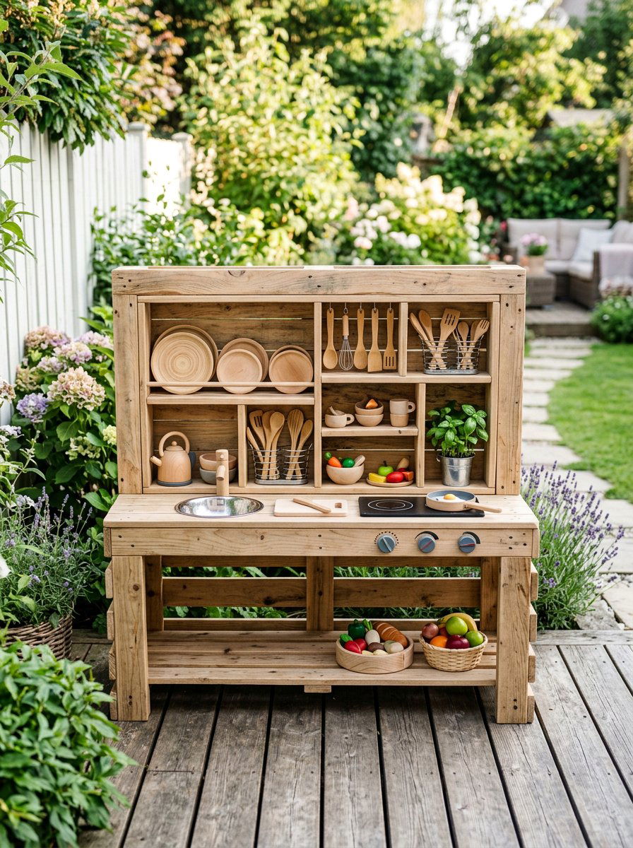 Play Kitchen With Built In Shelving - 25 Pallet Outdoor Play Kitchen Ideas