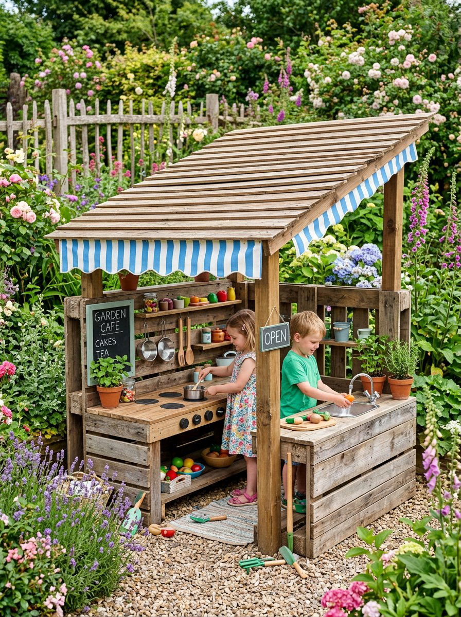 Play Kitchen With Roof Or Canopy - 25 Pallet Outdoor Play Kitchen Ideas