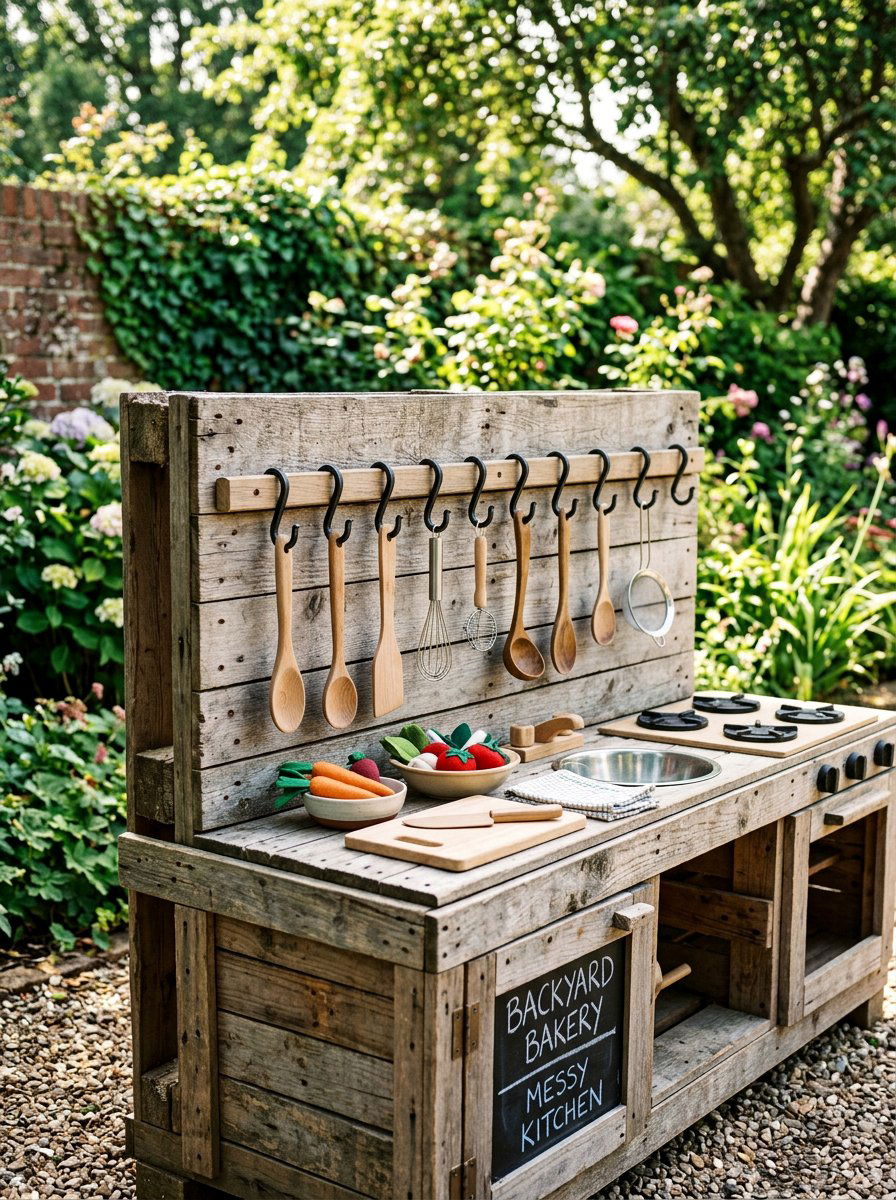Play Kitchen With Utensil Storage Hooks - 25 Pallet Outdoor Play Kitchen Ideas