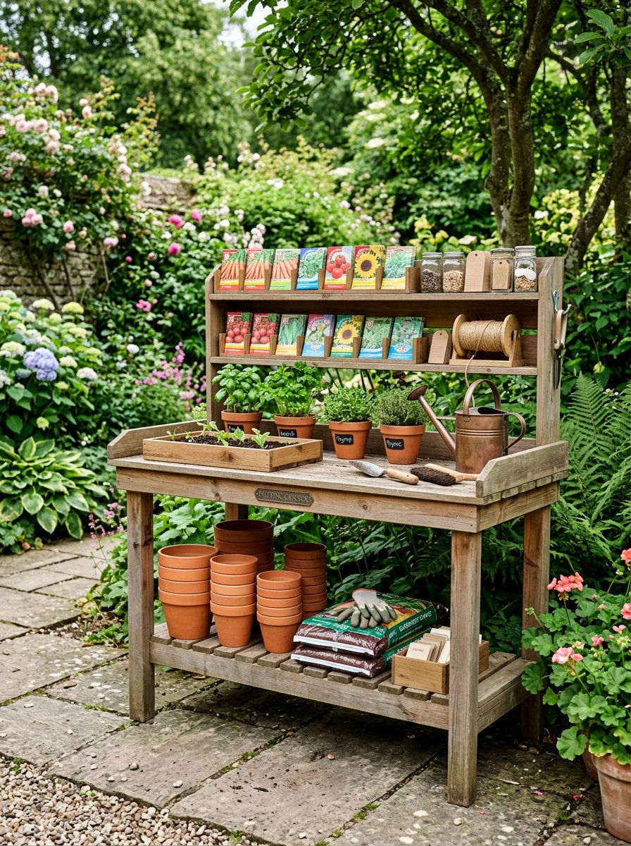 Potting Bench With Storage Shelf - 25 Pallet Potting Bench Ideas
