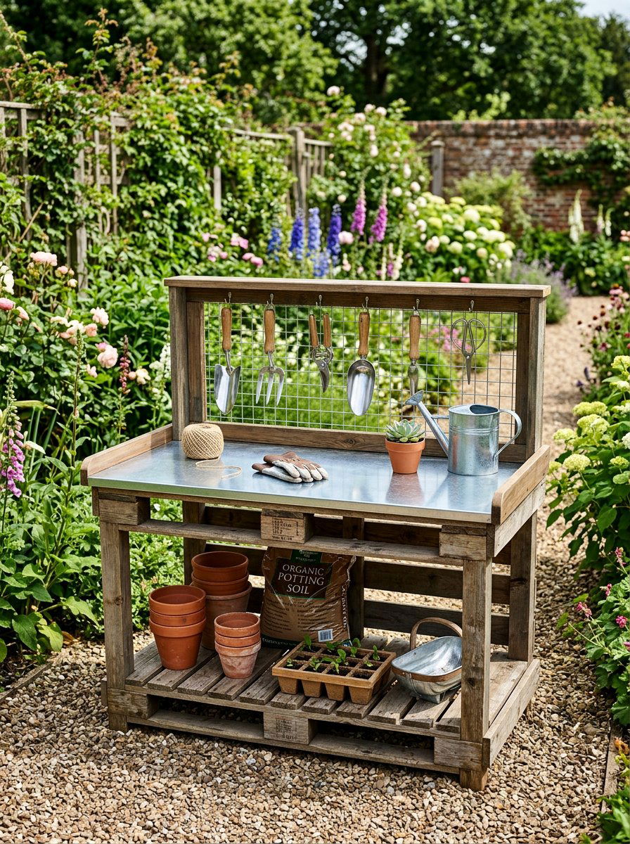 Potting Bench With Tin Top - 25 Pallet Potting Bench Ideas