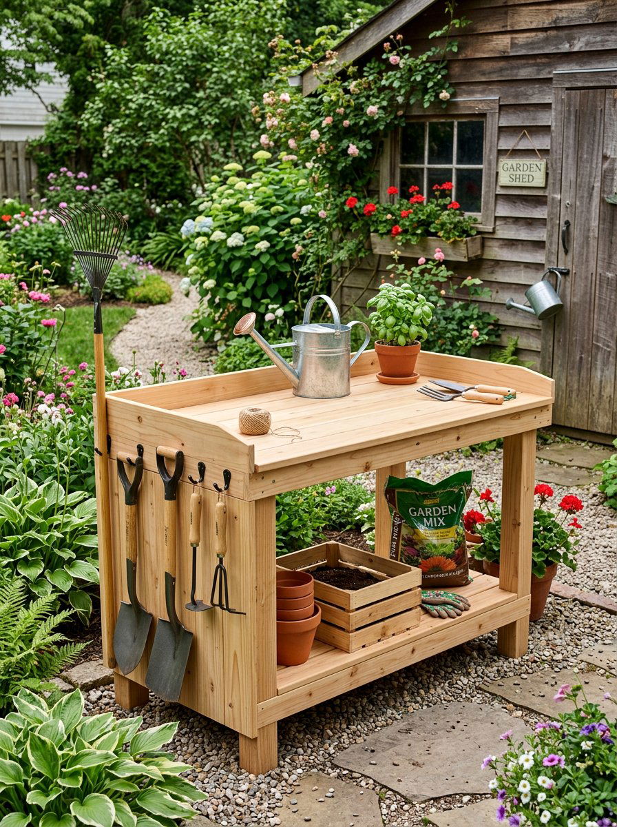 Potting Bench With Tool Hooks - 25 Pallet Potting Bench Ideas