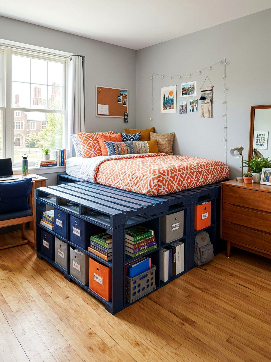 RAISED PALLET BED STORAGE - 25 Pallet bed ideas for college dorm