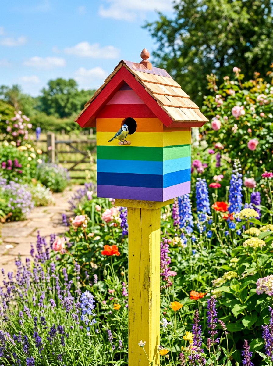 Rainbow Striped Birdhouse - 25 birdhouse painting ideas