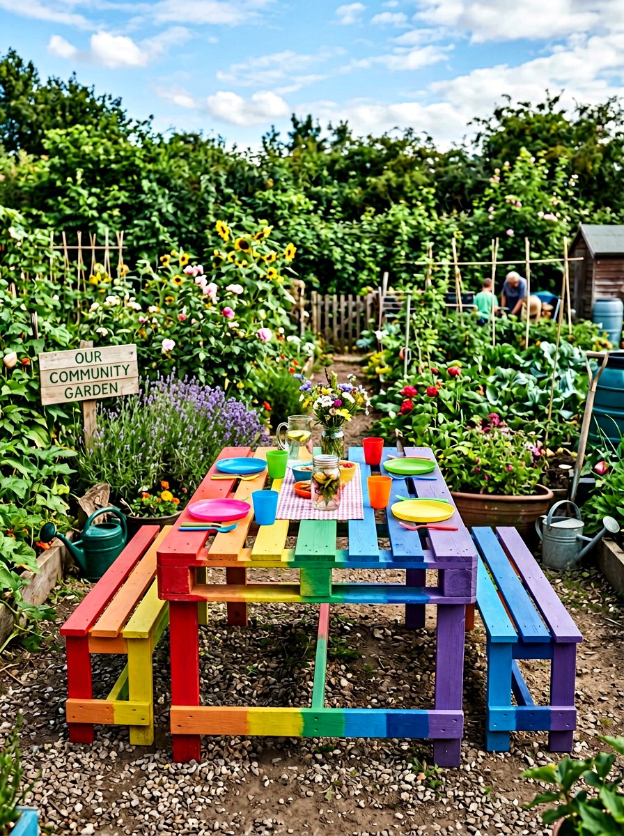 Rainbow painted pallet table - 25 Pallet Picnic Table Ideas