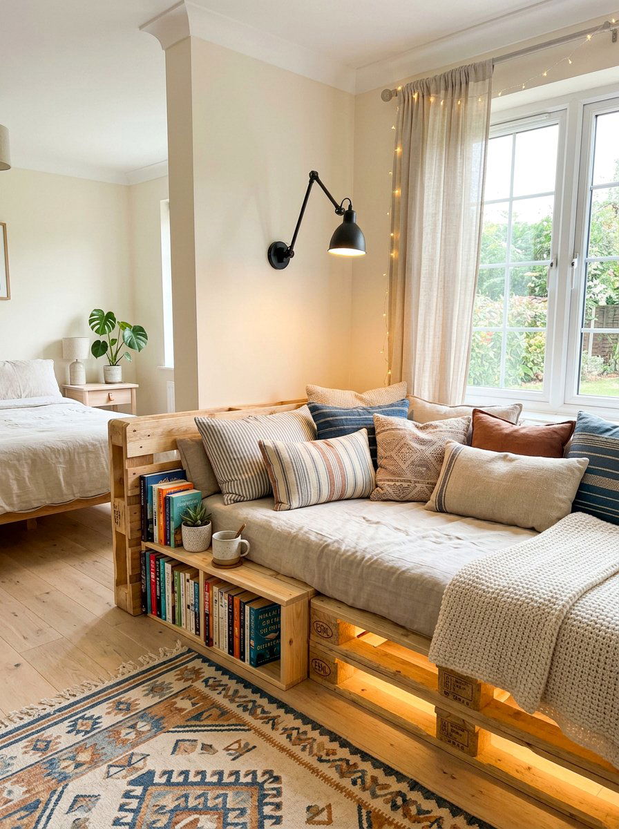 Reading Nook Pallet Bed - 25 Pallet bed ideas with lights underneath