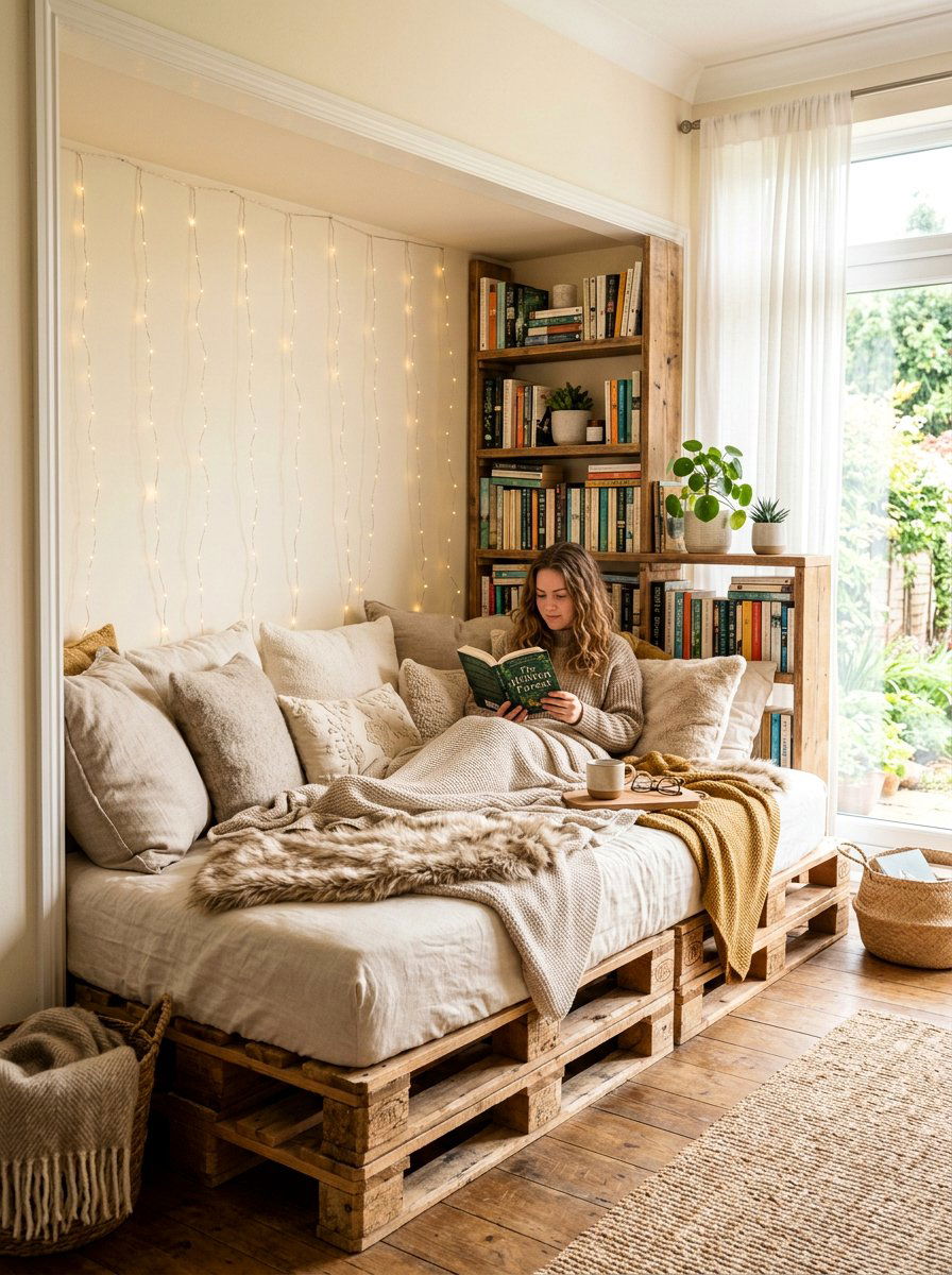 Reading Nook Pallet Bed Lighting - 25 Pallet bed ideas with fairy lights