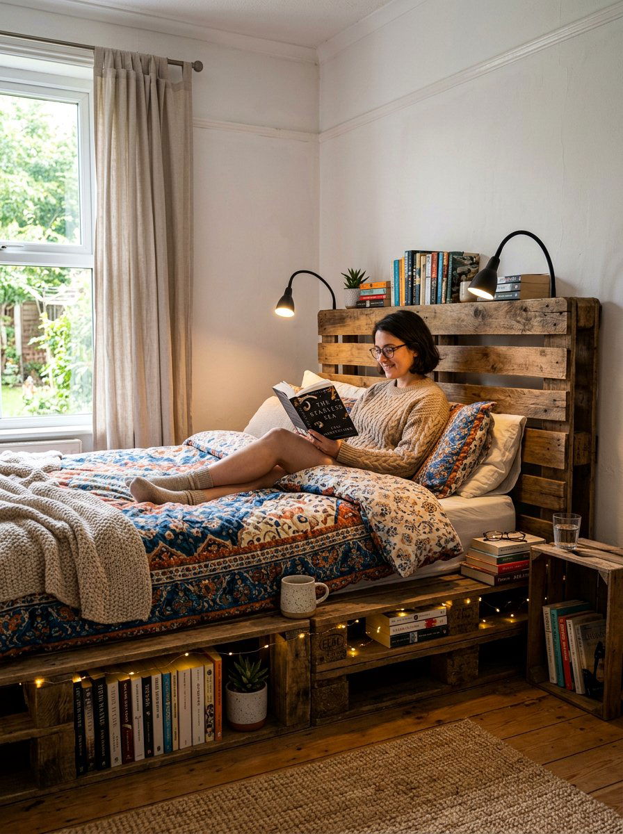 Reading light pallet bed - 25 Pallet bed ideas with LED lights