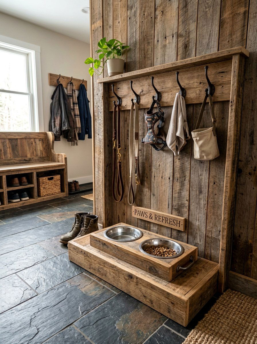 Reclaimed Wood Pet Station With Hooks - 25 Pallet Pet Feeding Station Ideas