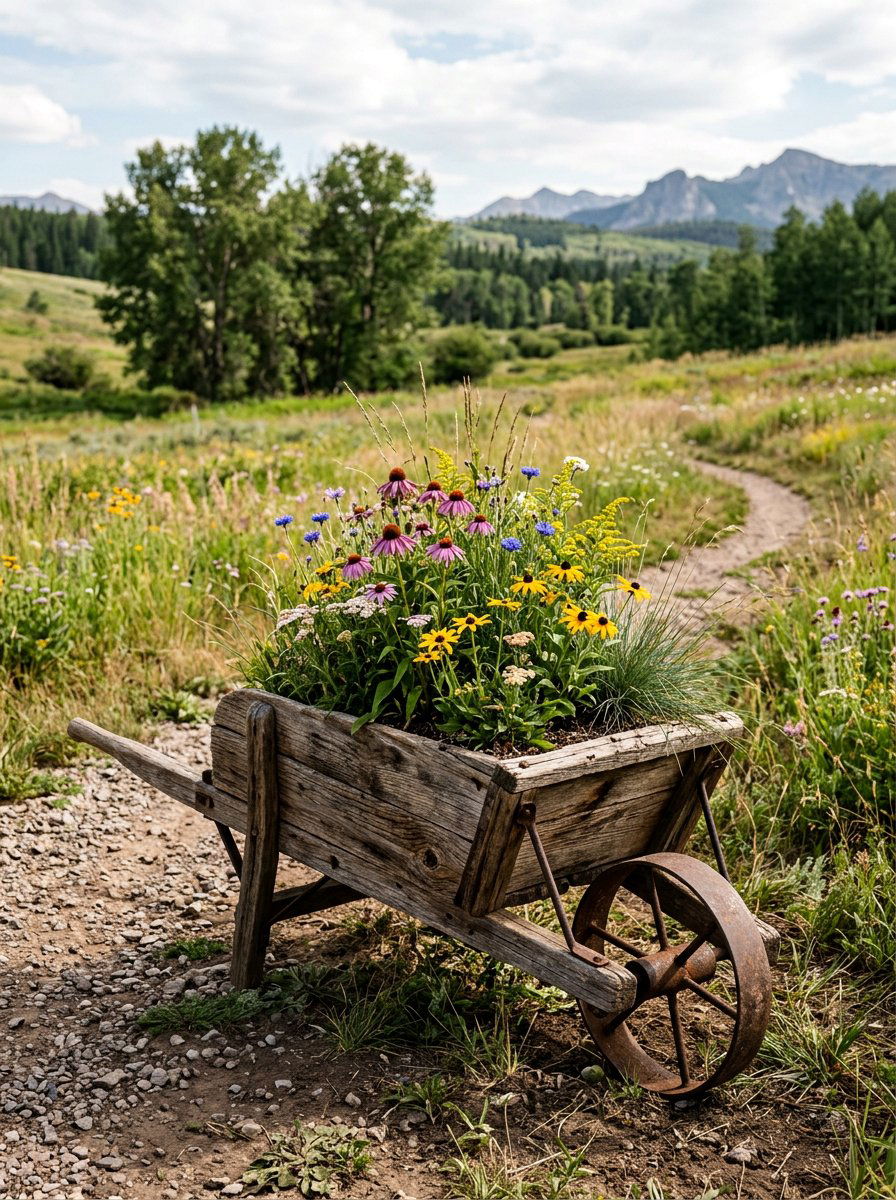 Reclaimed Wood Wheelbarrow Planter - 25 Pallet Wheelbarrow Planter Ideas