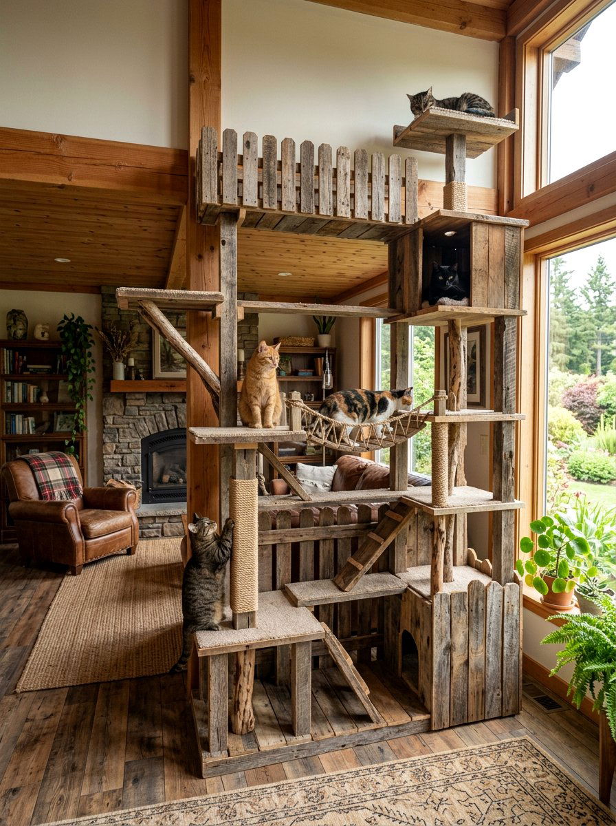 Reclaimed wood cat activity tower - 25 pallet cat tree ideas