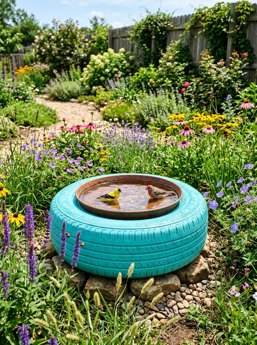 Recycled Tire Bird Bath - 25 unique bird bath ideas