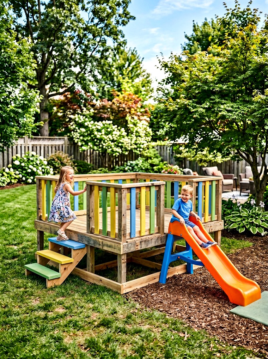 Recycled pallet deck for kids - 25 Pallet Tree House Platform Ideas