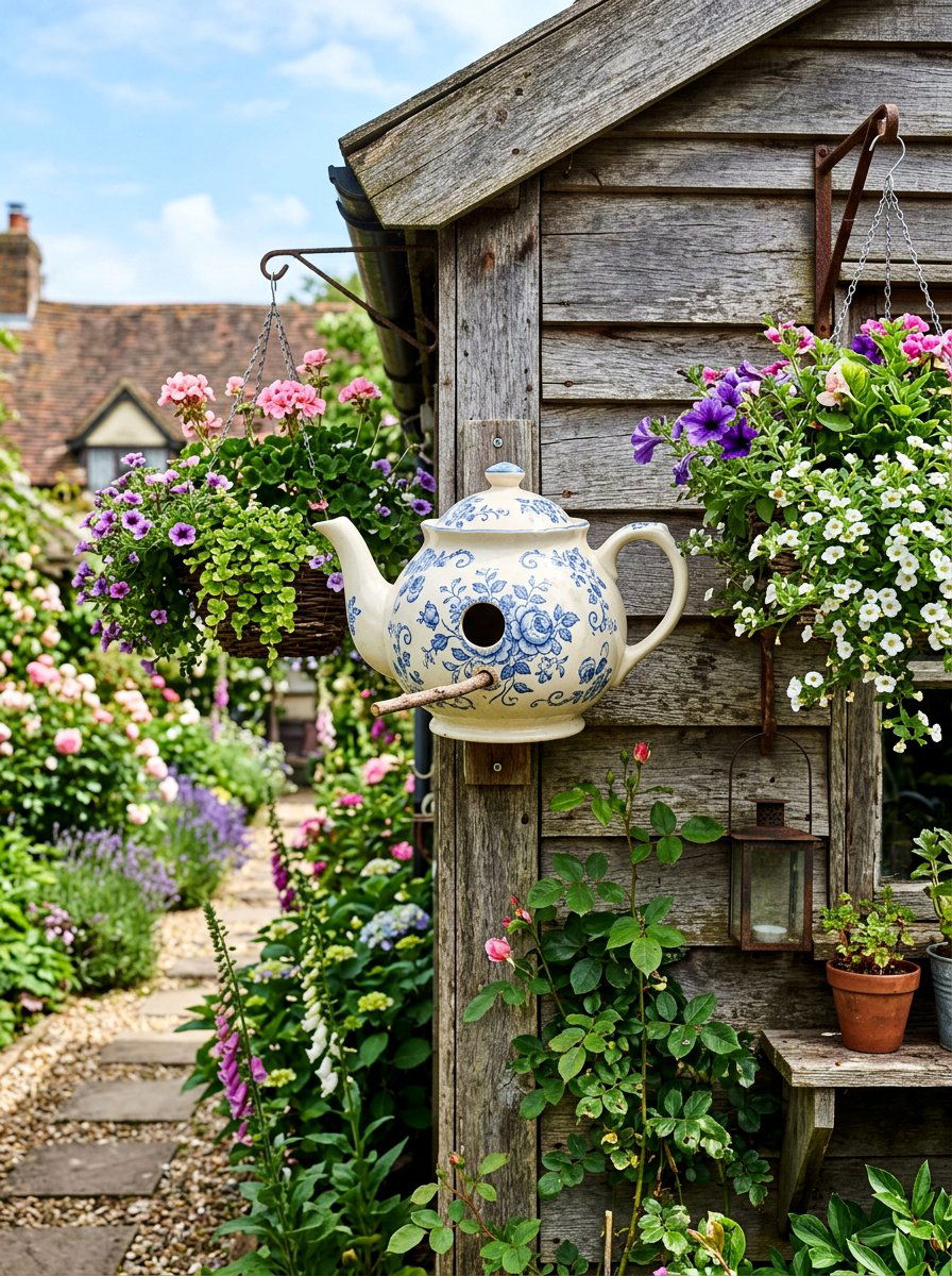 Recycled teapot birdhouse - 25 colorful birdhouse ideas
