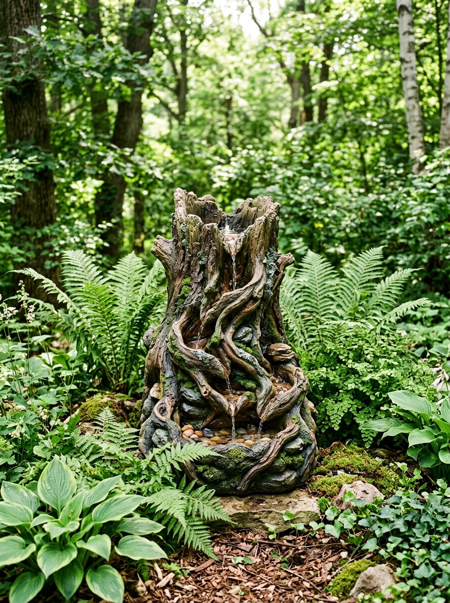 Resin woodland stump fountain - 25 backyard fountain ideas
