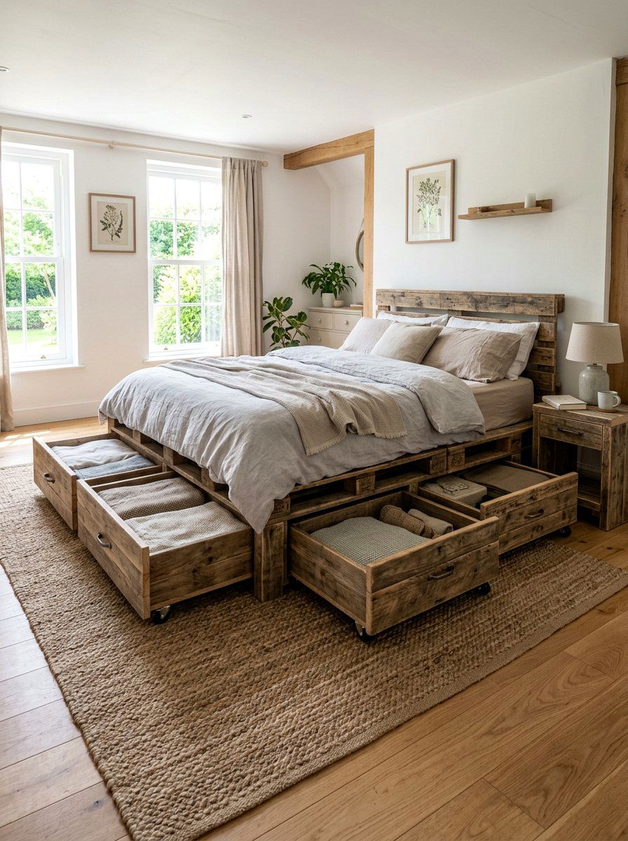Roll out pallet bed drawers - 25 Pallet storage bed frame ideas