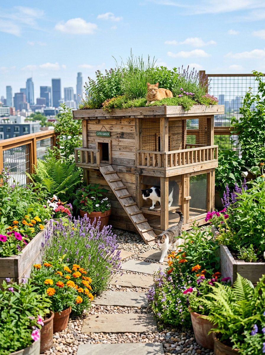 Rooftop Garden Cat Home - 25 pallet cat shelter ideas