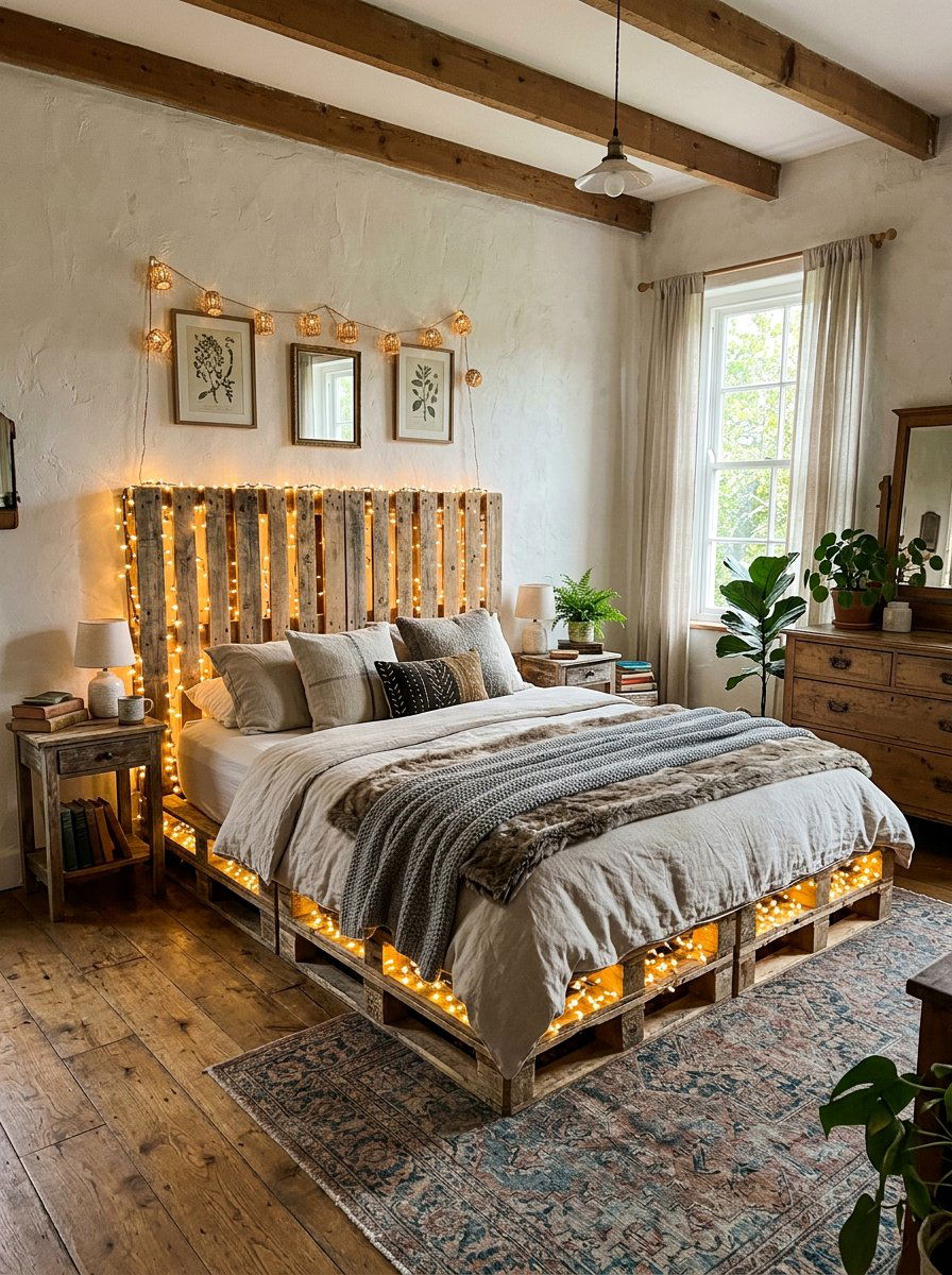 Rustic Pallet Bed - 25 Pallet bed ideas with lights