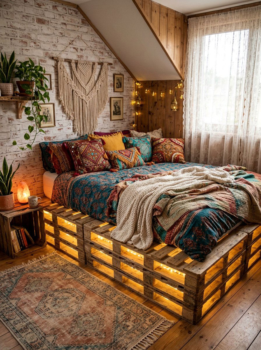 Rustic Pallet Bed - 25 Pallet bed frame with LED strip ideas
