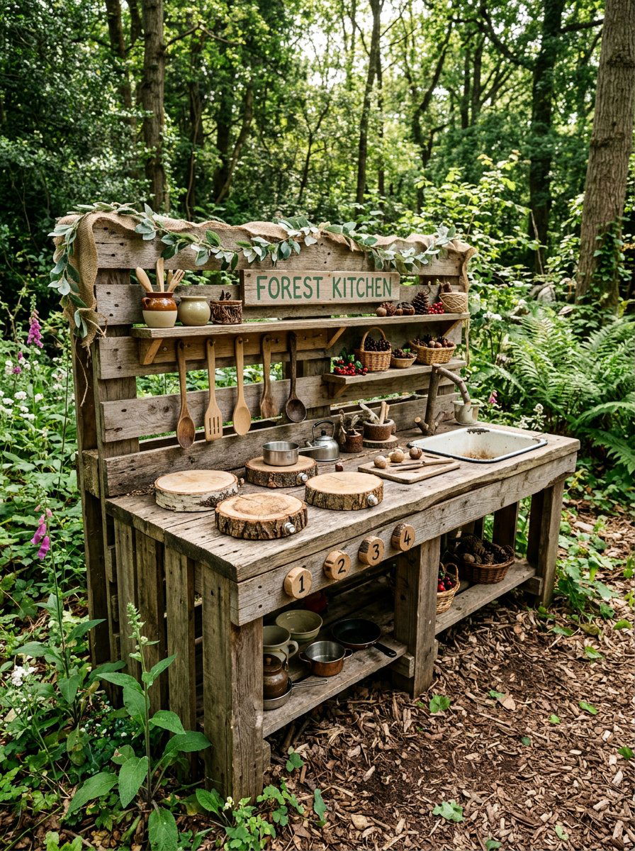 Rustic Pallet Kitchen With Tree Slice Burners - 25 Pallet Outdoor Play Kitchen Ideas