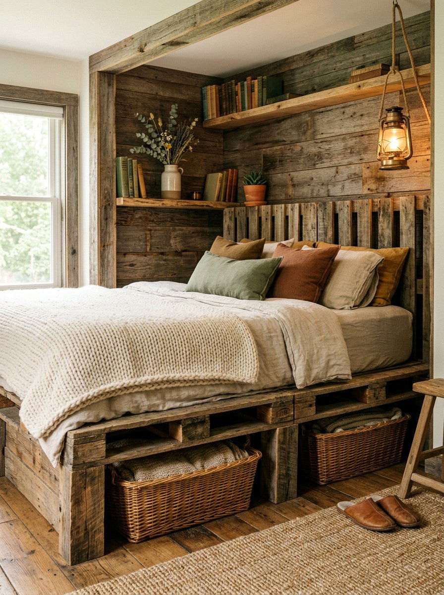 Rustic Pallet Nook Bed - 25 Pallet reading nook bed ideas