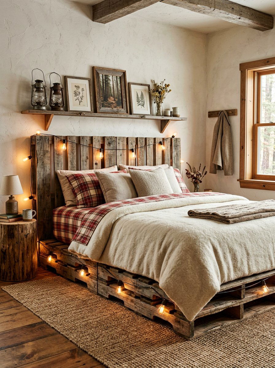 Rustic Wood Pallet Bed String Lights - 25 Pallet bed ideas with fairy lights