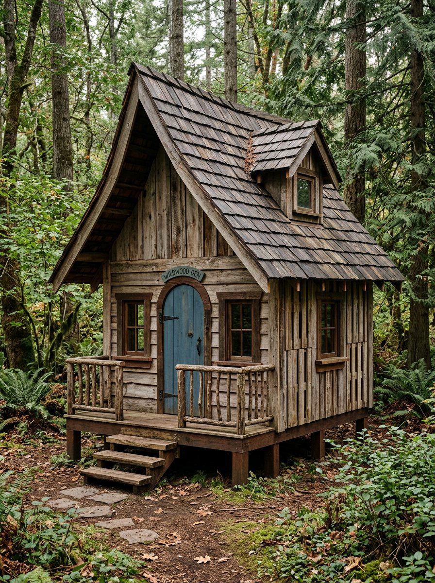 Rustic pallet playhouse with shingles - 25 Pallet Playhouse for Kids Ideas