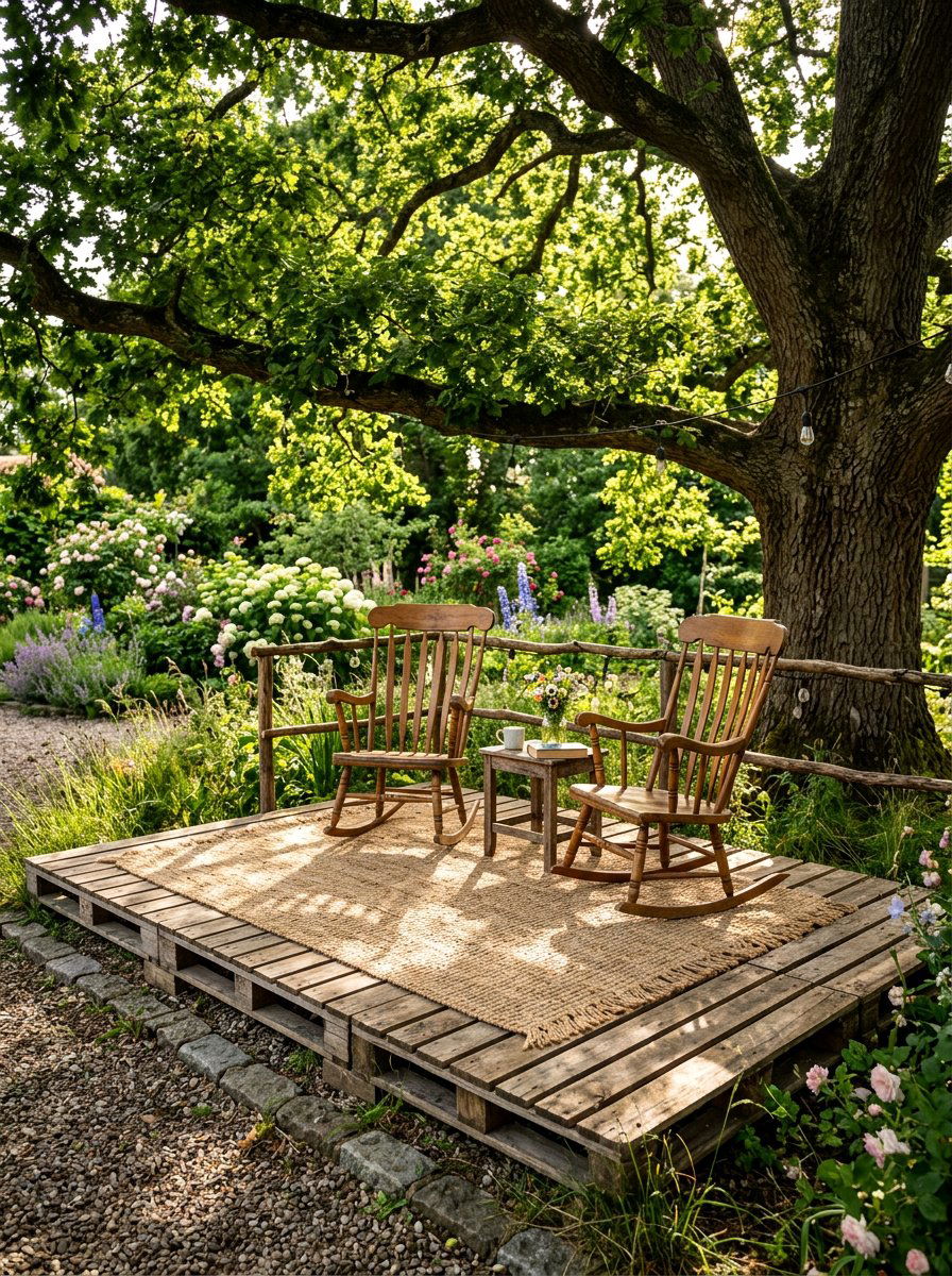 Rustic pallet stage with rug - 25 Pallet Stage for Backyard Ideas