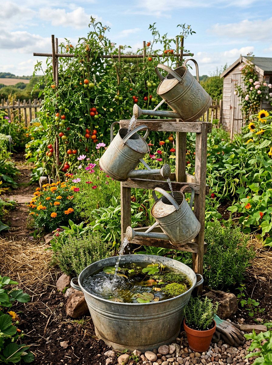 Rustic watering can feature - 25 backyard fountain ideas