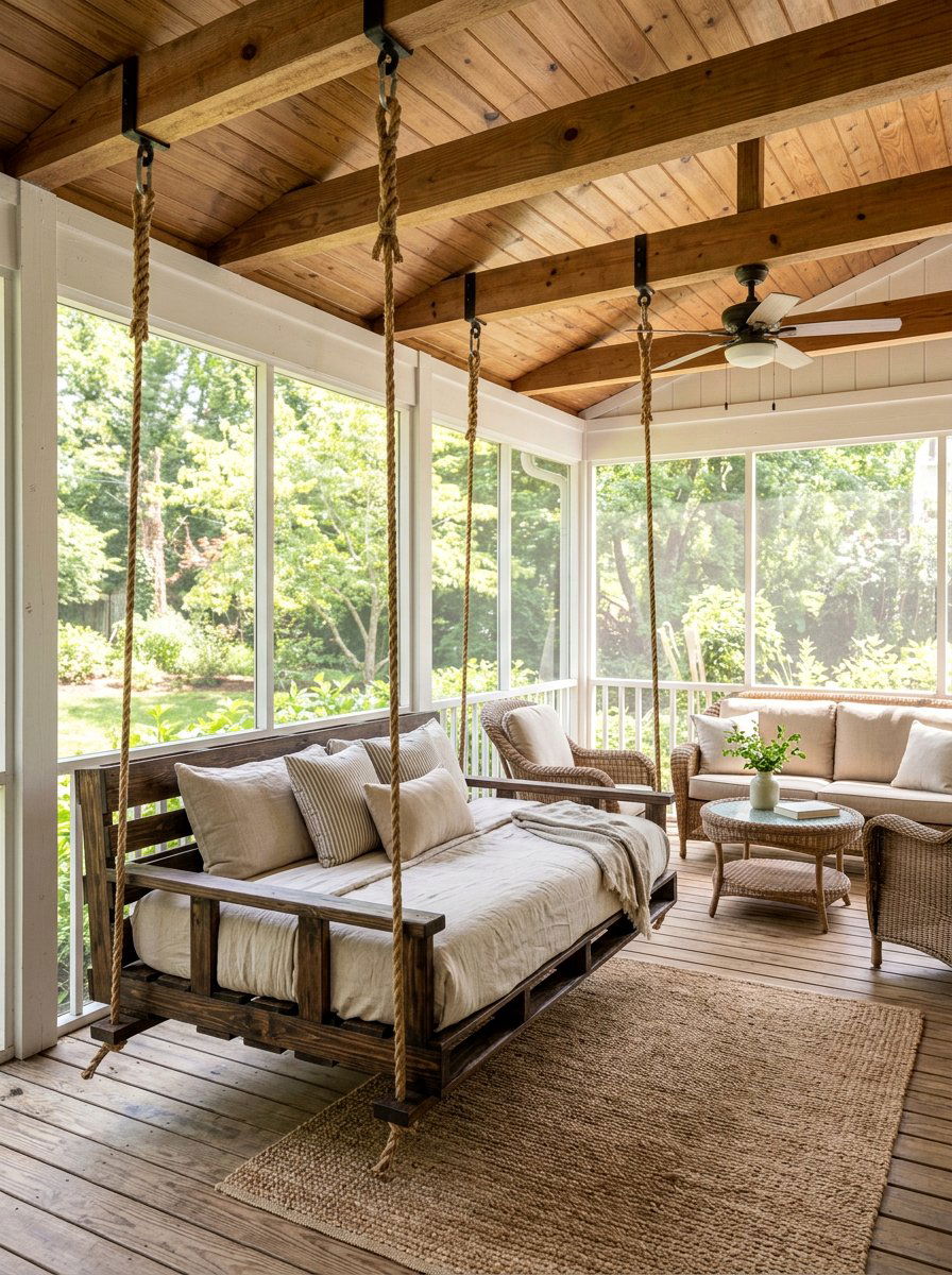 Screened Porch Swing Bed - 25 Pallet Hanging Swing Bed Ideas