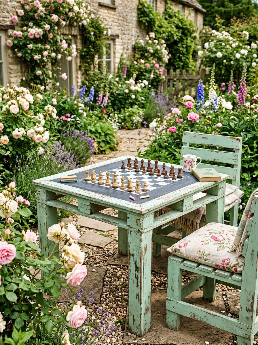 Shabby Chic Painted Pallet Chess Table - 25 Pallet Outdoor Chess Table Ideas